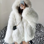 Large Hooded Faux Fox Fur Coat