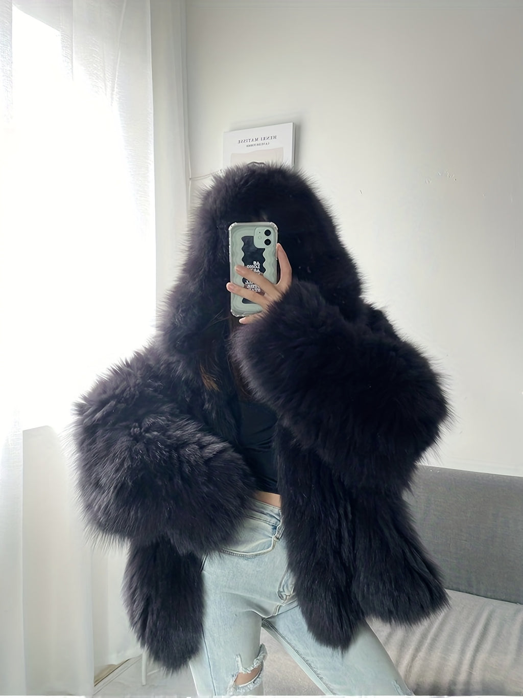 Large Hooded Faux Fox Fur Coat