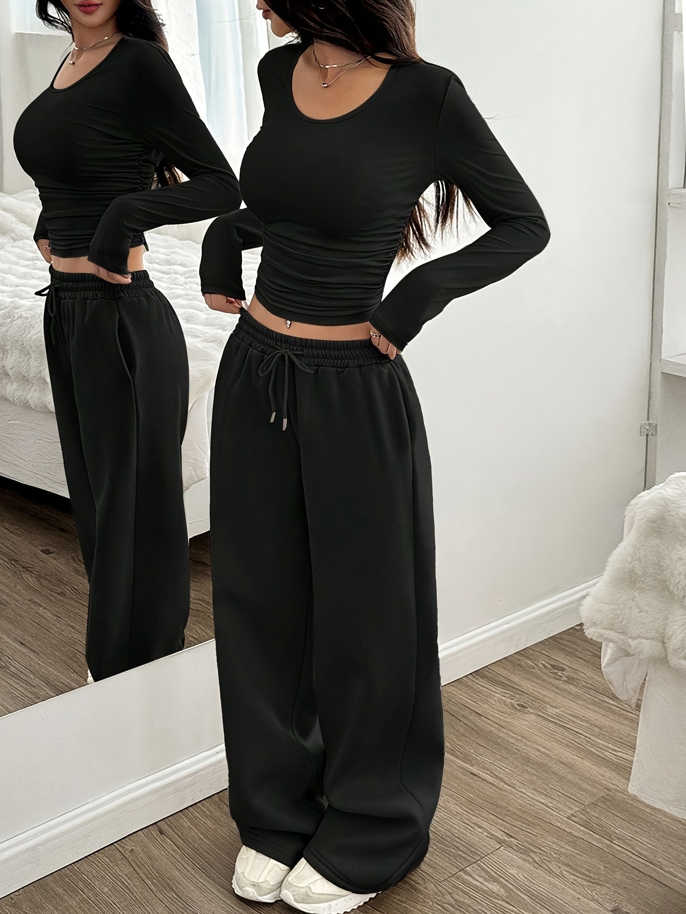 Long Sleeve Pullover and Elastic Waist Wide Leg Pants Two-Piece Set